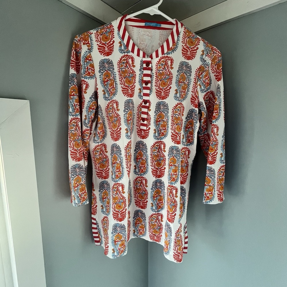 J. Mclaughlin Catalina Cloth 3/4 Sleeve Paisley Striped Trim Tunic Top Size‎ S